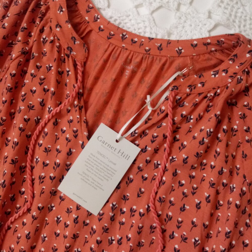 New Garnet Hill Midi Dress Orange Floral Knit Tassel Neck 3/4 Raglan XL Women - Picture 4 of 11